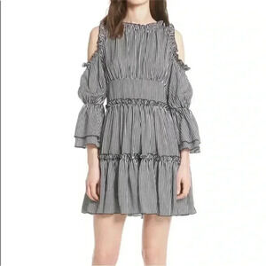 Maje Black and White Striped Cold-Shoulder Tiered Dress Sz 2
